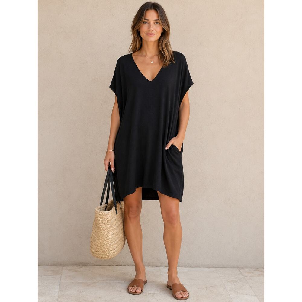 WILFRED FREE Black Marcoux Knit Oversized Slouchy Boxy V Neck Mini Dress Small